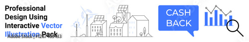 Solar-powered buildings, cashback speech bubble, and bar chart with magnifying glass. Ideal for sustainability, renewable energy, finance, cashback programs, analytics, growth strategies flat