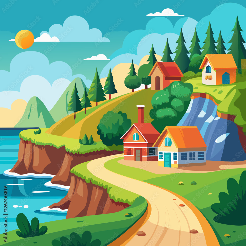Fototapeta premium Cartoon village by the sea