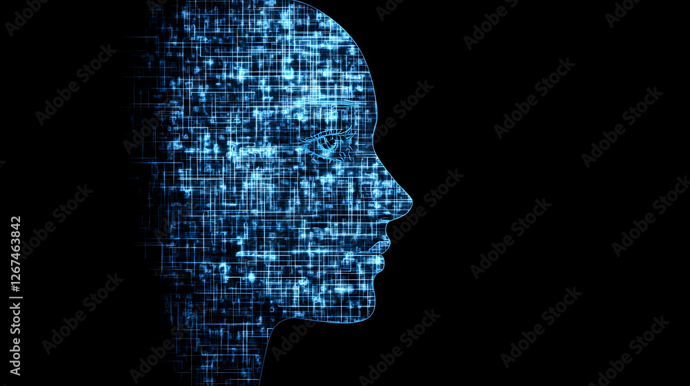 Artificial Intelligence Head Profile with Cybernetic Grid Texture on Dark Background Render Artificial Intelligence Head Profile with Cybernetic Grid Texture on Dark Background Render