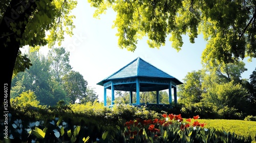 a flowercovered gazebo in a spring park, picturesque nature scene, impressionist oil painting, isolated on white background photo