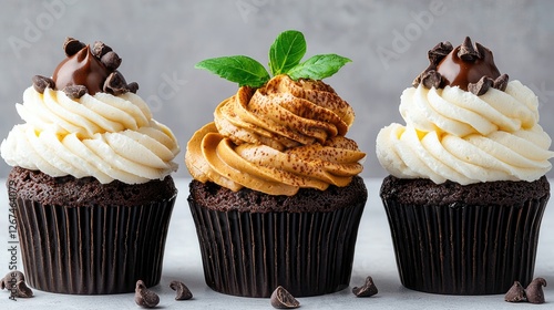Three chocolate cupcakes with different frostings