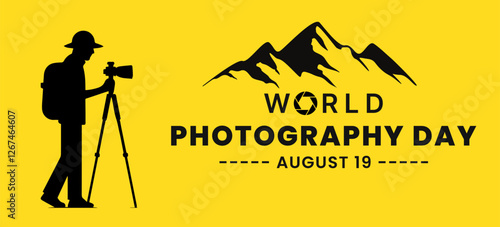 World Photography day 19 August, vector illustration banner poster, yellow background.