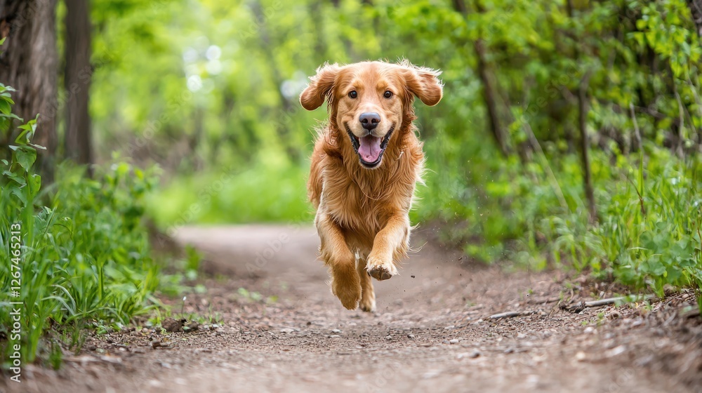Dog running freely along a forest trail Dog running freely along a forest trail