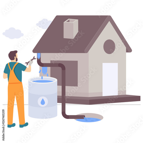 Plumber tightening or loosening connection pipe of Storage Tank on Roof concept, Rooftop Rainwater storage vector design, plumbing worker banner, Handyman Services scene, HVAC technician illustration