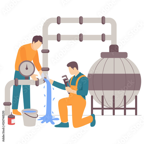 Engineer Repairing spherical Natural Gas Tank pipes concept, pipefitter dealing with marine piping system vector design, plumbing worker banner, Handyman Services scene, HVAC technician illustration