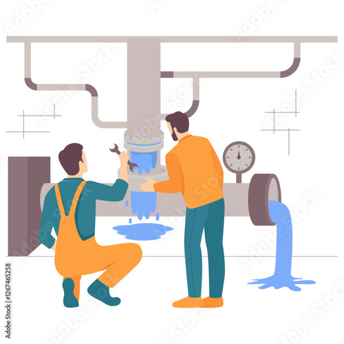Two Repairmen Working on Large-scale piping system in mechanical room concept, laying pipe underground inside vector design, plumbing worker banner Handyman Services scene HVAC technician illustration