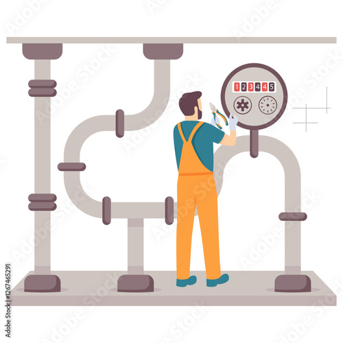 Engineer holding pliers adjusting pressure gauge control room concept, Pipeline Pressure Monitoring back view vector design, plumbing worker banner Handyman Services scene HVAC technician illustration