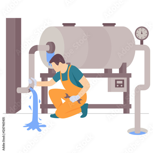 industrial maintenance worker fixing cracked pipe connected cylindrical tank concept,Pressure Tank Pipe Burst vector design, plumbing worker banner, Handyman Service scene HVAC technician illustration