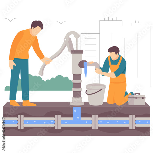 manual water pump system being operated and repaired by two workers concept, Fixing Leaking Community Water source vector design, plumbing banner, Handyman Services scene, HVAC technician illustration