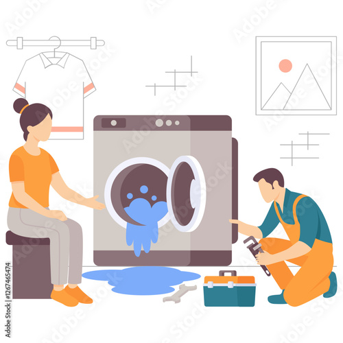 washing machine malfunctioned causing water to spill onto floor concept, housewife facing unexpected appliance failures vector design, plumbing worker banner, laundry room scene, HVAC technician stock