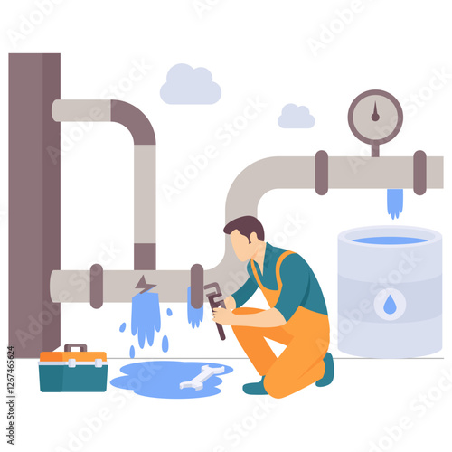 Industrial Pipeline Leakage Control by Plant Engineer concept, plumber repairing leaked municipals pipeline vector design, plumbing worker banner, Handyman Services scene, HVAC technician illustration