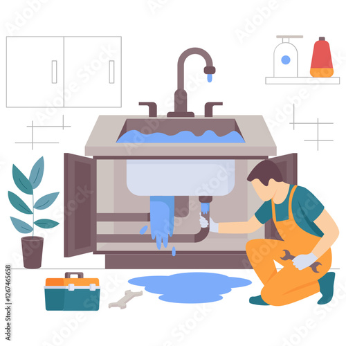 Plumber working under overflowing Kitchen sink Cabinet concept, Replacing Leaky Vanity counter vector design, plumbing worker banner, Handyman Services scene, HVAC technician Stock illustration