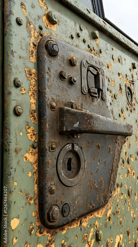 Close-up of old metal door with black lock, military truck in background Close-up of old metal door with black lock, military truck in background