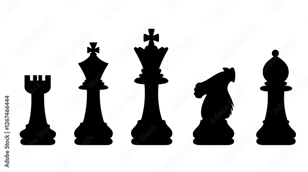 Assorted Black Chess Pieces Silhouette Artwork Depicting Rook Knight Bishop King Queen Chessboard Elements Assorted Black Chess Pieces Silhouette Artwork Depicting Rook Knight Bishop King Queen Chessboard Elements