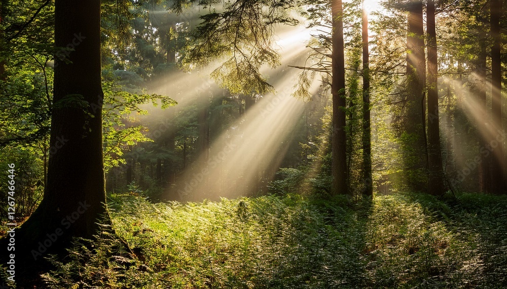 Fototapeta premium sunbeams in forest sunrays