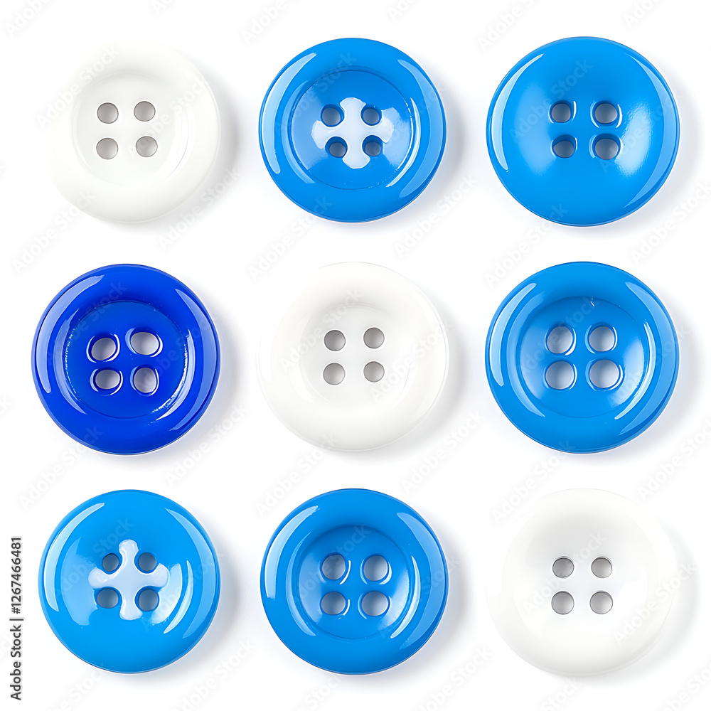 Assorted Blue and White Sewing Buttons Arrayed in a Grid Pattern Design on White Background Surface