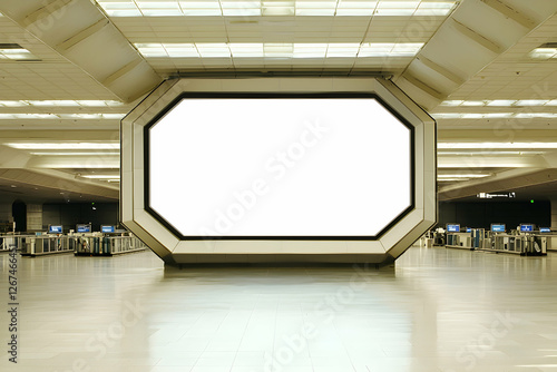Expansive octagonal digital billboard in a subdued airport terminal, great for large-scale ads.