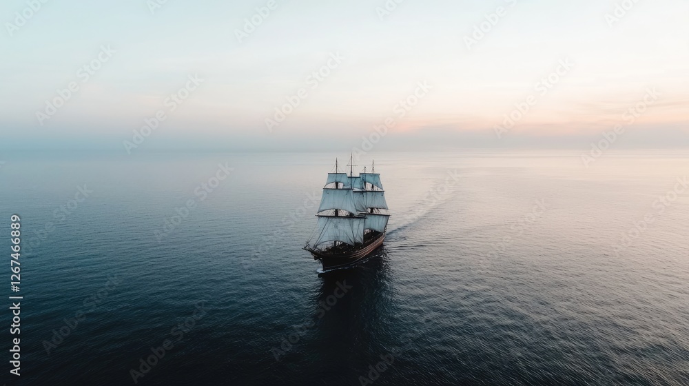 Tall ship sailing sunset ocean; travel, adventure background Tall ship sailing sunset ocean; travel, adventure background