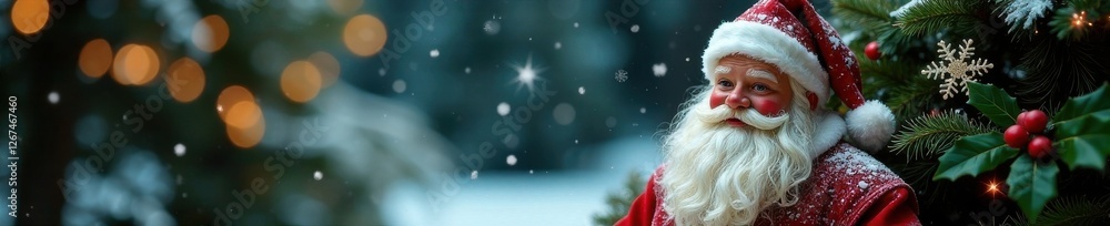 Snowflake-adorned jolly figure with white beard and red coat surrounded by festive holly leaves, Xmas, joyful, festive Snowflake-adorned jolly figure with white beard and red coat surrounded by festive holly leaves, Xmas, joyful, festive