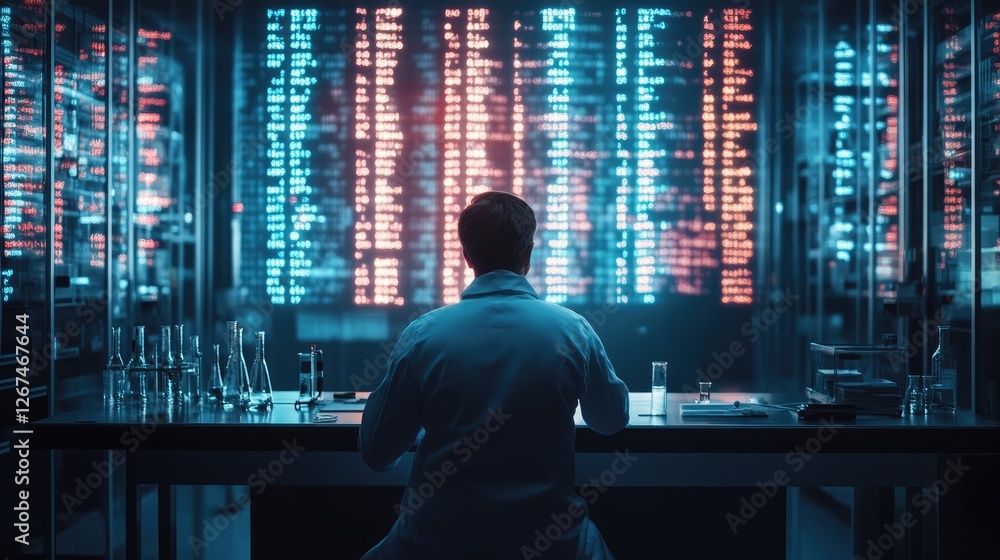 Fototapeta premium Scientist reviewing data, lab, night, technology