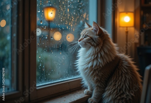 Wallpaper Mural A fluffy cat sitting by a window, intently watching the rain fall outside, with droplets on the glass and a cozy, warm light reflecting on the window, creating a serene mood Generative AI Torontodigital.ca