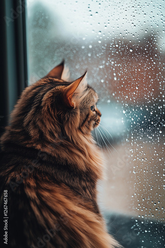 A fluffy cat sitting by a window, intently watching the rain fall outside, with droplets on the glass and a cozy, warm light reflecting on the window, creating a serene mood Generative AI