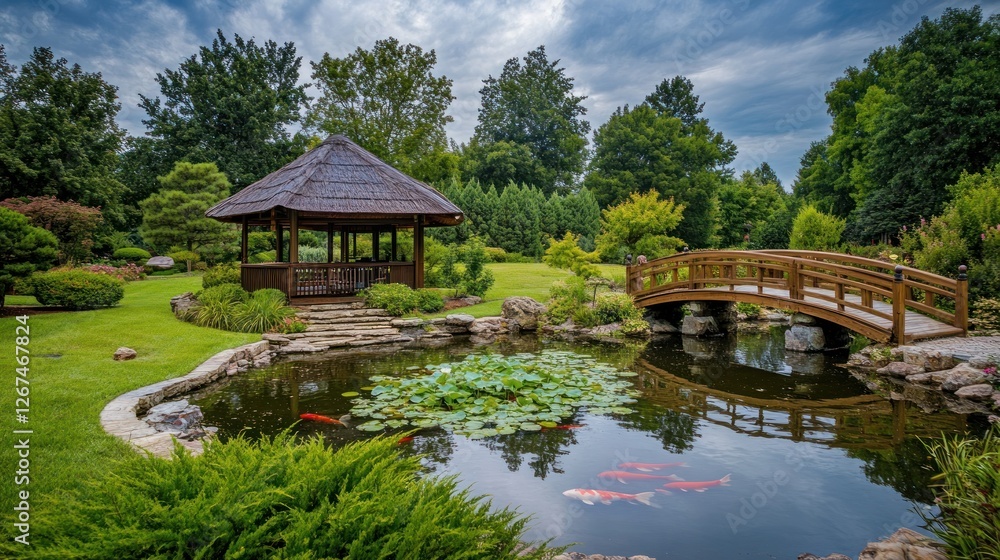 Serene Japanese Garden with Koi Pond and Gazebo
