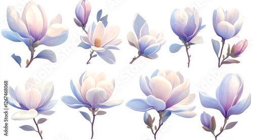 Delicate magnolia blooms displayed in enchanting pastel hues illustrating the beauty of nature on a fresh white backdrop, perfect for creative and commercial purposes