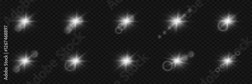 Set of white glare stars and light. Glowing rays and flashes.