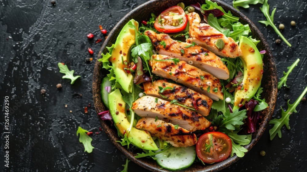 Grilled chicken breast with quinoa and vegetables on a dark textured table, flat lay Grilled chicken breast with quinoa and vegetables on a dark textured table, flat lay