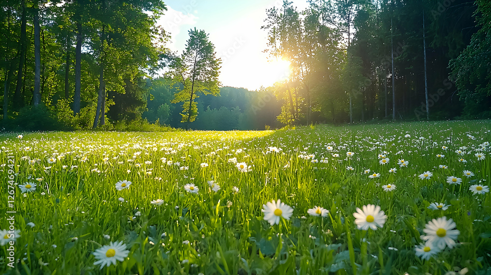 Fototapeta premium Sunset meadow daisies nature landscape peaceful
