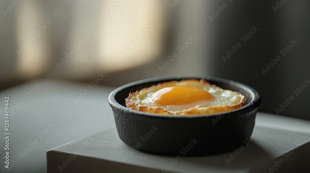 Crispy fried egg served in a small cast iron skillet on a wooden surface in soft natural light Crispy fried egg served in a small cast iron skillet on a wooden surface in soft natural light