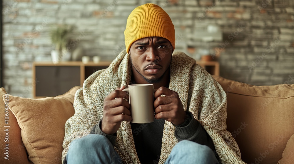 Cozy indoor moment with a man sipping coffee while wrapped in a blanket on a sofa in a rustic setting Cozy indoor moment with a man sipping coffee while wrapped in a blanket on a sofa in a rustic setting