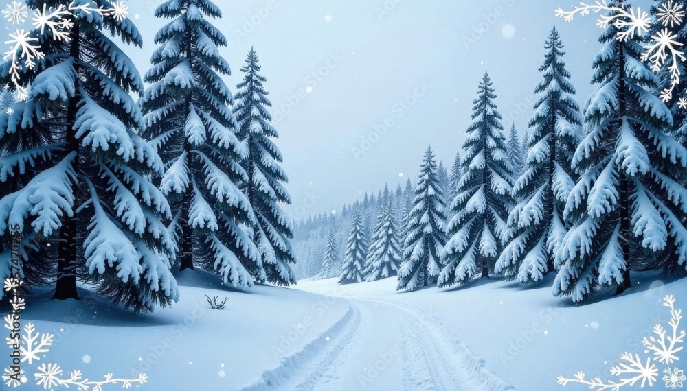 Fototapeta premium Snowy Forest Background with Snowflake Border, peaceful, illustration