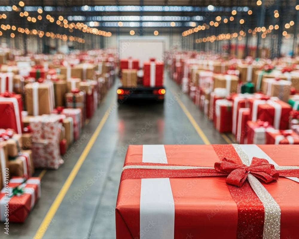 Obraz premium A vibrant warehouse filled with beautifully wrapped Christmas gifts and a delivery truck ready for holiday distribution.
