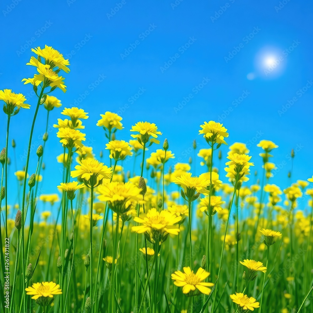 dandelions on blue sky background, field of yellow dandelions, meadow with yellow flowers, field of yellow flowers dandelions on blue sky background, field of yellow dandelions, meadow with yellow flowers, field of yellow flowers