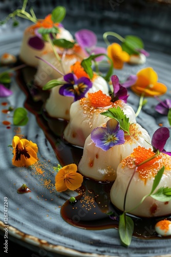 Culinary artistry displays exquisite dumplings adorned with edible flowers and vibrant sauces in an upscale dining setting photo