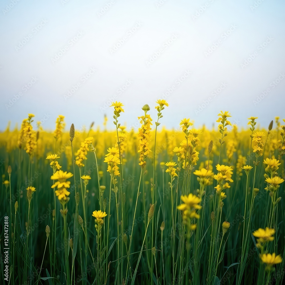 Obraz premium dandelions on blue sky background, field of yellow dandelions, meadow with yellow flowers, field of yellow flowers