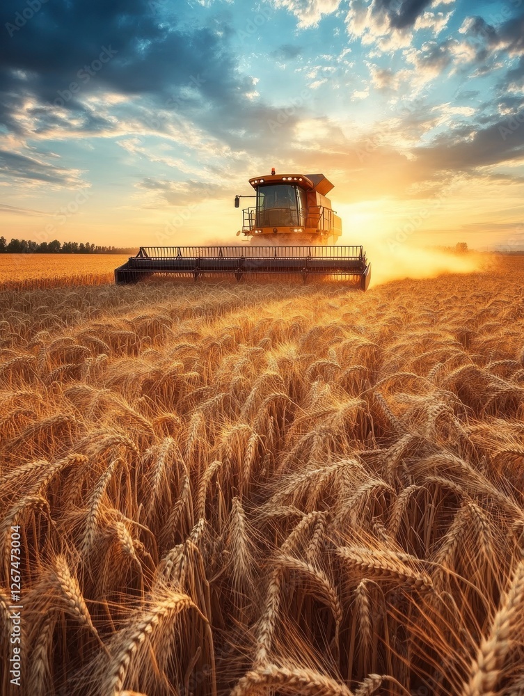 Obraz premium golden wheat field at sunset with a massive combine harvester in action kicking up dust and chaff symbolizing the bounty of agriculture