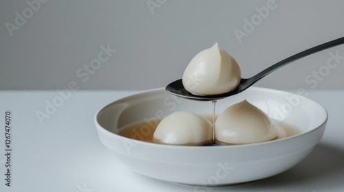 Delicate glossy dumplings in a minimalist white bowl with a spoon drizzling sauce