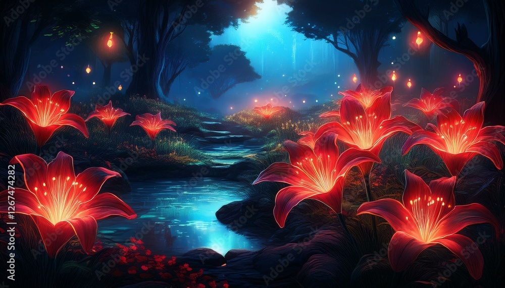 magical fantasy garden with red lilies that glow at night magical fantasy garden with red lilies that glow at night