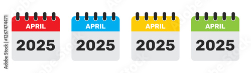 April 2025 Calendar Icon Set - Red, Blue, Yellow, Green