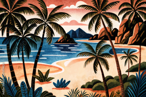 tropical beach with palm trees at sunset time landscape abstract cartoon illustration