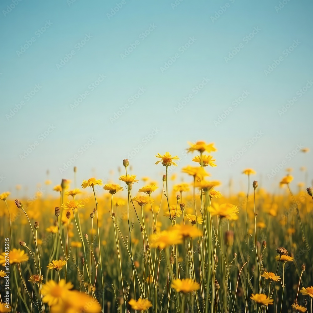 Obraz premium dandelions on blue sky background, field of yellow dandelions, meadow with yellow flowers, field of yellow flowers