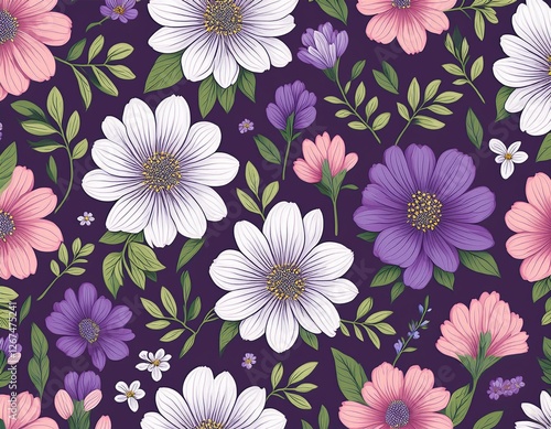 seamless pattern with purple pink and white flower blossom garden cute hand drawn floral pattern for your fabric summer background wallpaper backdrop textile