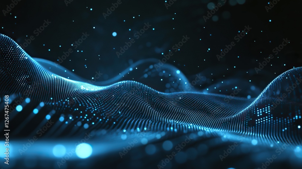 custom made wallpaper toronto digitalVector Illustration of Hi-Tech Concept with Blue Dots and Lines on Black Background, Particle Wave Motion, Digital Technology Banner, Sound Equalizer, and Music Waves. 8K Resolution
