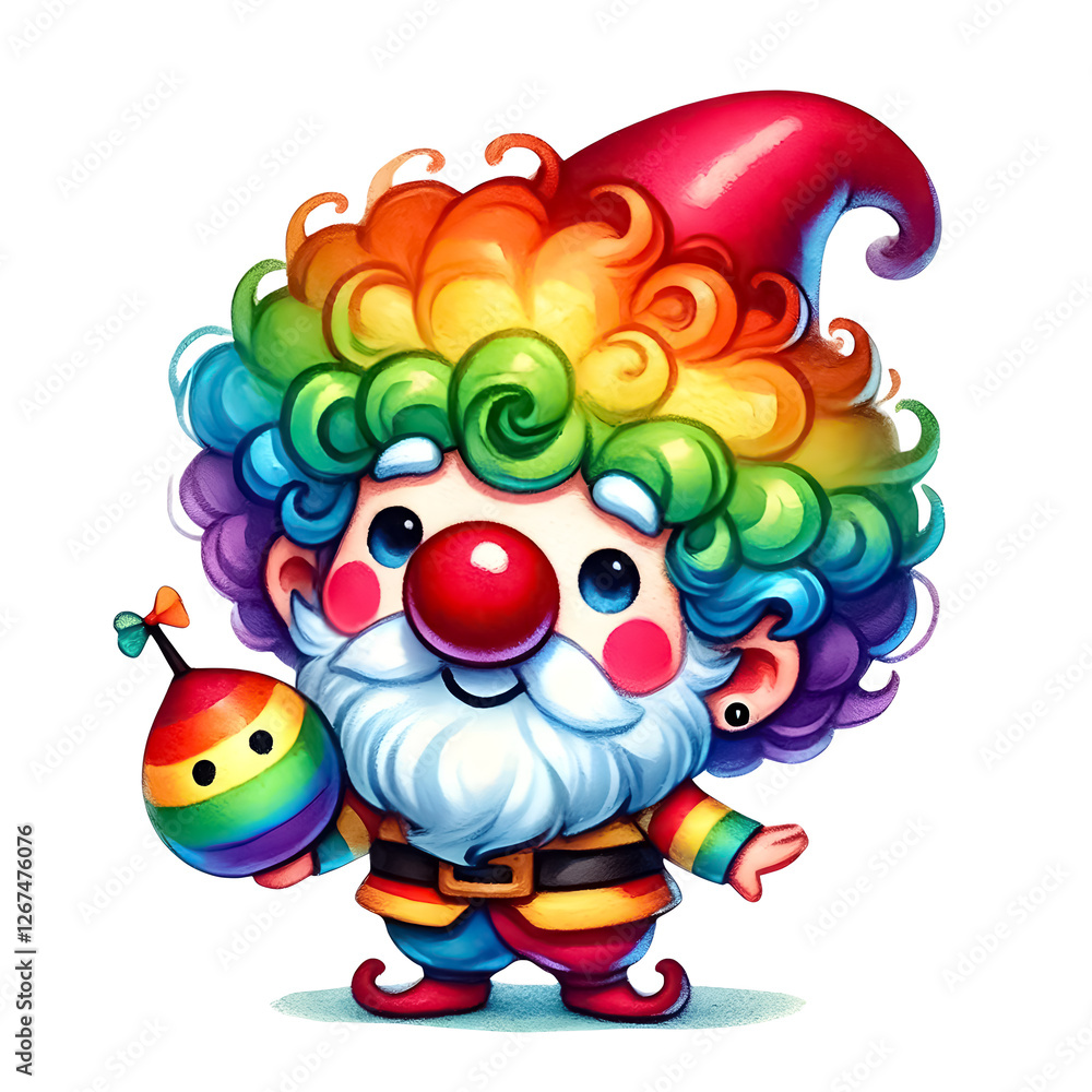 Obraz premium Cute gnome with a red clown nose and a rainbow wig, holding a tiny whoopee cushion
