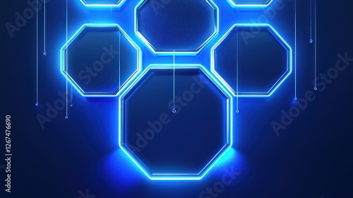 Futuristic environment holds a suspended fabric patch within hexagonal neon blue frames that glow with varying intensities.