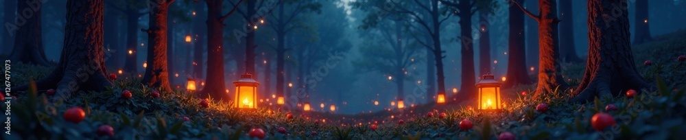 Fototapeta premium Softly glowing lanterns illuminate a serene forest landscape, evening glow, serene environment, blurred background