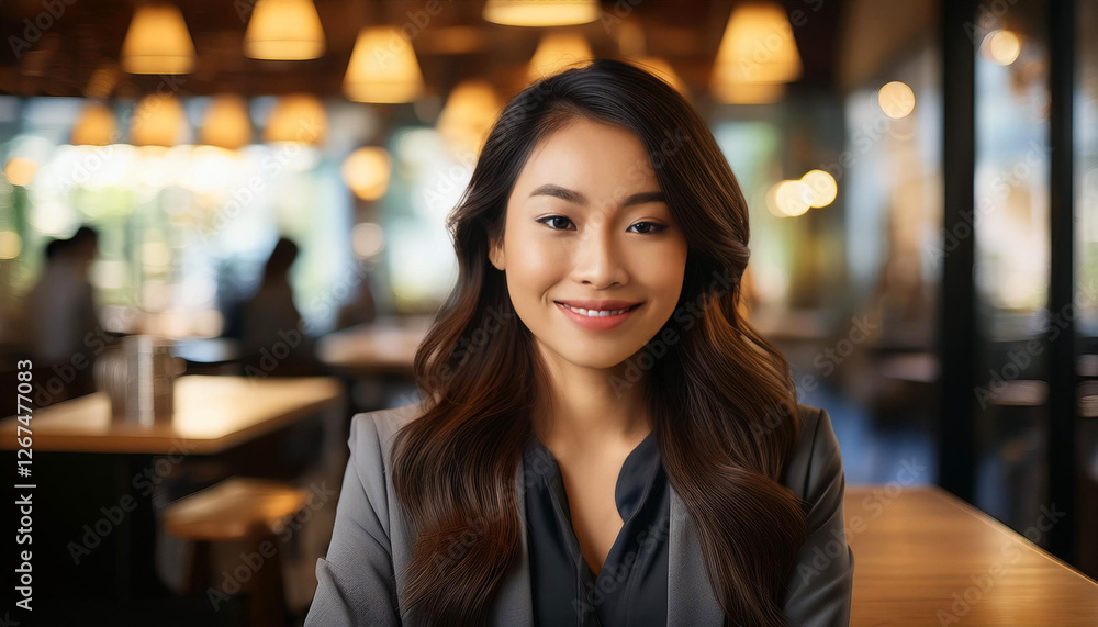 Portrait of a young woman with long dark hair, wearing a brown outfit, sitting in a cozy cafe with warm lighting and blurred background. Portrait of a young woman with long dark hair, wearing a brown outfit, sitting in a cozy cafe with warm lighting and blurred background.